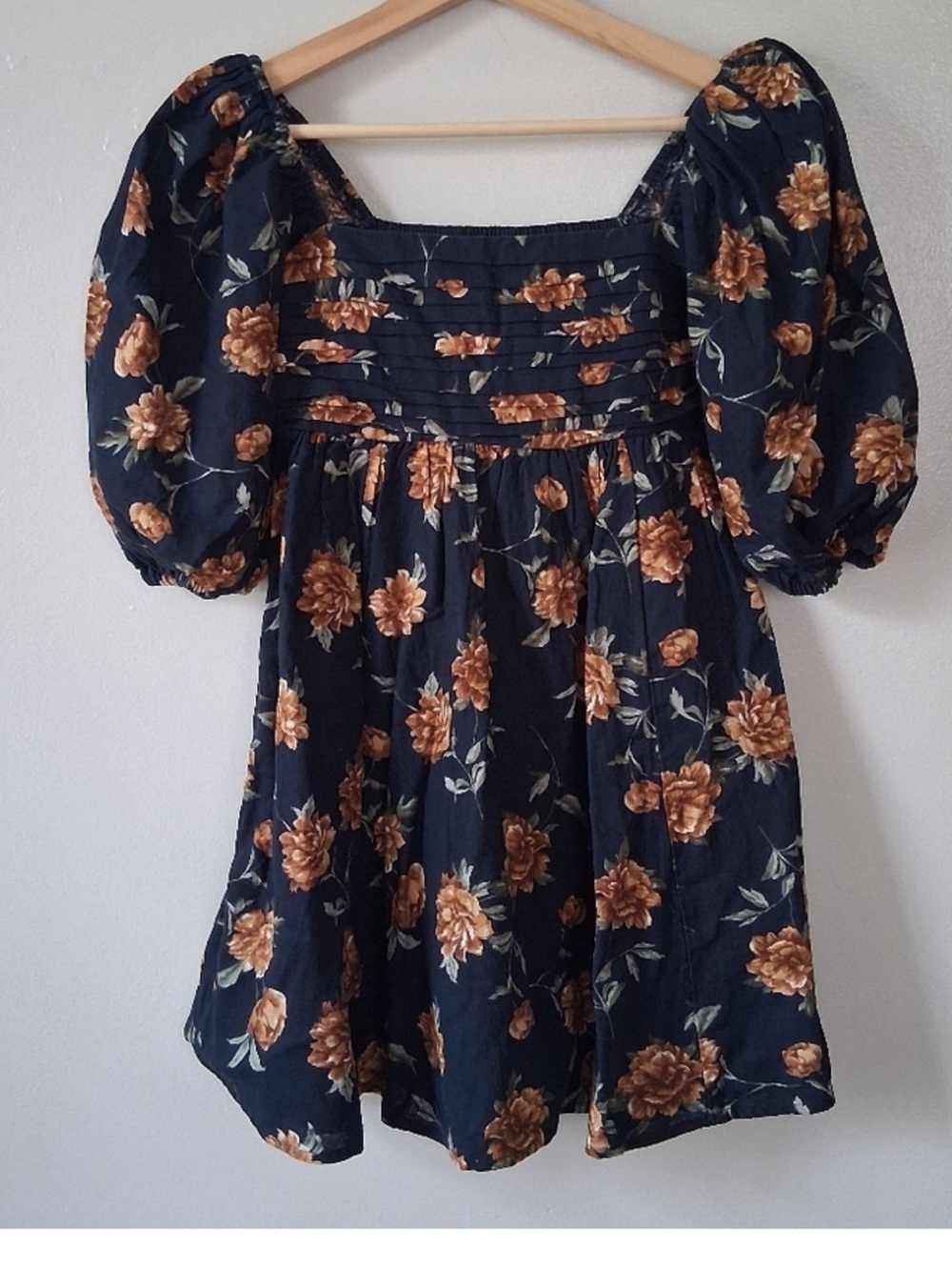 Abercrombie & Fitch Navy Floral Puff-Sleeve Dress with Brown Blooms